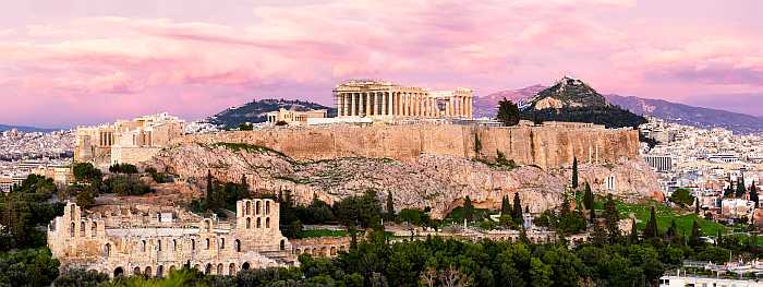 Acropolis hill at sunset in Athens, Greece.