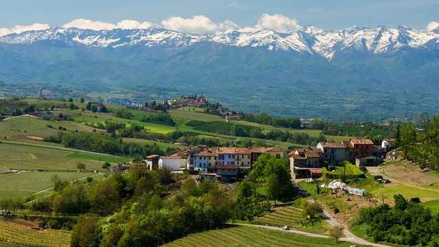 View of Monferrato Hills in Piedmont countryside.
