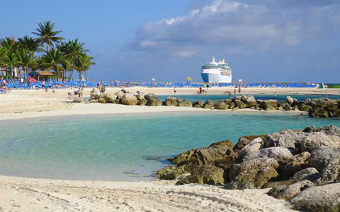 Cruise ship stopped at the Bahamas for a day at the beach.