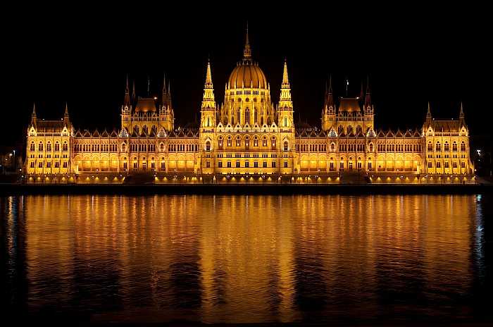 The Hungarian Parliament building at night.