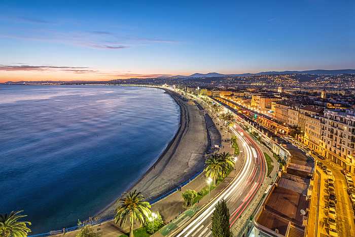 Nice promenade on the French Riviera at dusk.