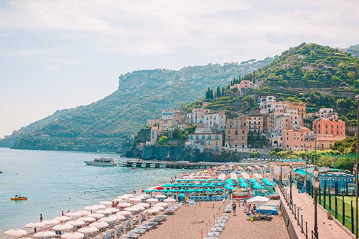 Scenic view of the Amalfi Coast in Italy with colorful seaside buildings overlooking the Mediterranean Sea