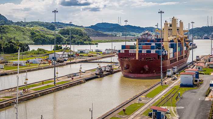Ship going through locks at the Panama Canal.