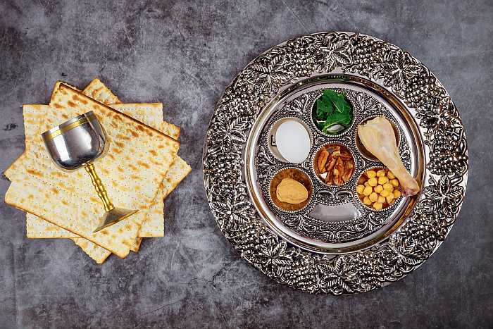 Passover seder plate, matzah and wine.