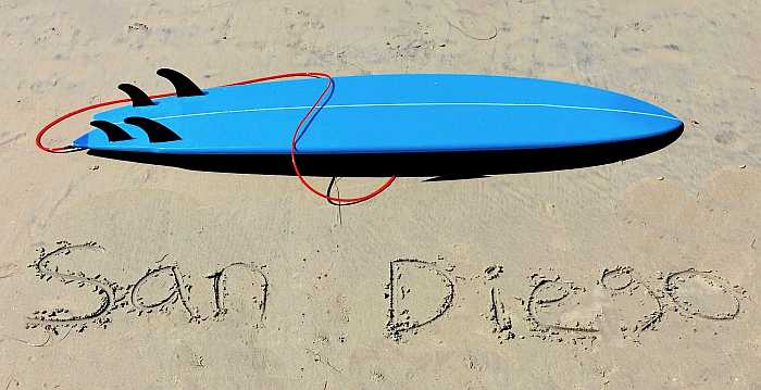 Surfboard on the beach in San Diego.