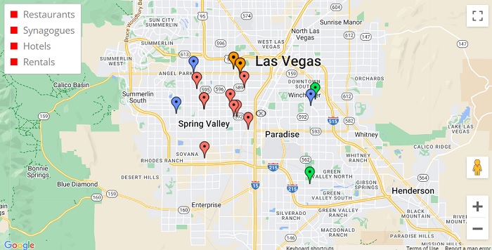 Map of kosher food, shuls in Las Vegas.